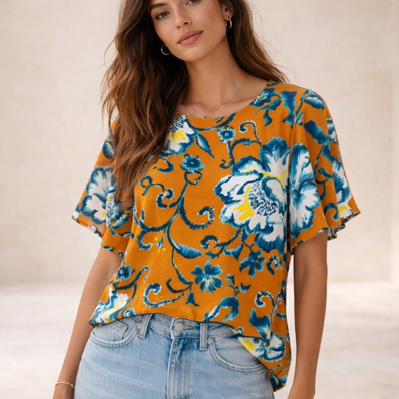 H&M Tops - H&M mustard floral chiffon top ❤️size 4